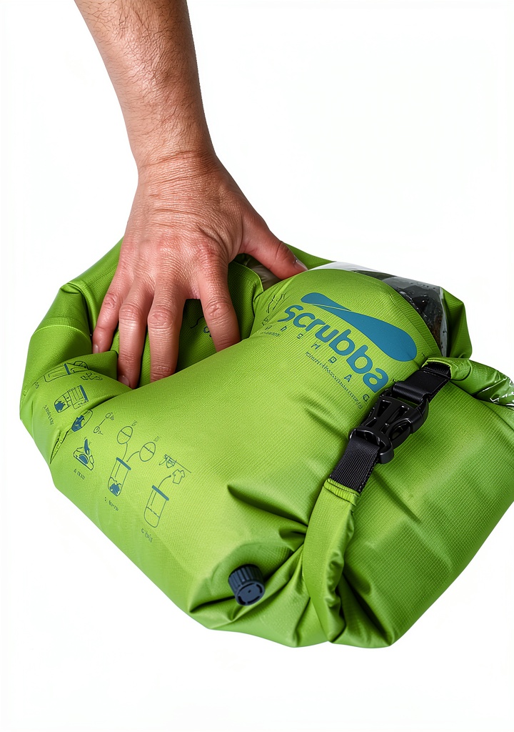 Scrubba portable washing machine in green color on a travel backpack