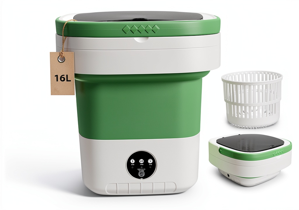 OOBILA portable washing machine in green color on a countertop