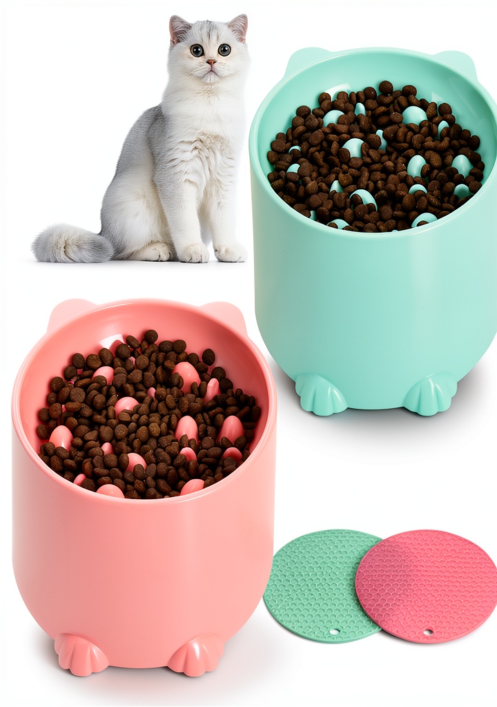 Cat eating from elevated slow feeder bowl